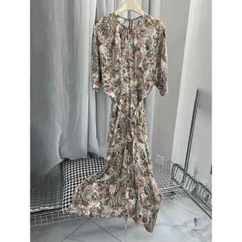 Женское платье с графическим принтом Aich Mirror Flowers С круглым вырезом, длинным рукавом и пуговицами, Женская длинная юбка, Повседневное Классическое платье Femme 2023