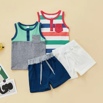 Повседневная одежда для новорожденных, 2 предмета, майки контрастного цвета для маленьких мальчиков с круглым вырезом и карманом + шорты на завязках от 0 до 3 лет