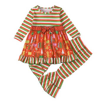 Рождественская одежда для маленьких девочек, длинный топ в полоску с бантом, брюки с микро-расклешенной резинкой на талии, комплект одежды из 2 предметов для детей 0-5 лет