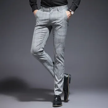 Стрейчевые брюки в клетку для мужчин, облегающие мужские брюки для костюмов, длина брюк для официальных деловых летних костюмов, брюки для мужчин, брюки