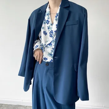 Осенью 2021 года Уникальный мужской костюм в корейском стиле в стиле ретро, повседневный свободный простой синий костюм для мужчин M-XL