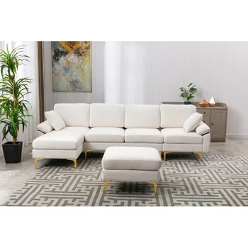 Простой и оригинальный диван с золотистыми ножками, съемными подушками, с подвижной скамеечкой для ног, подходящий для гостиной