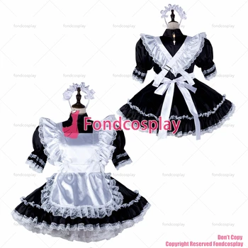 fondcosplay сексуальная переодевающаяся сисси-горничная для взрослых, короткое черное атласное платье, белый фартук с замком, Форменный костюм CD / TV[G2337]
