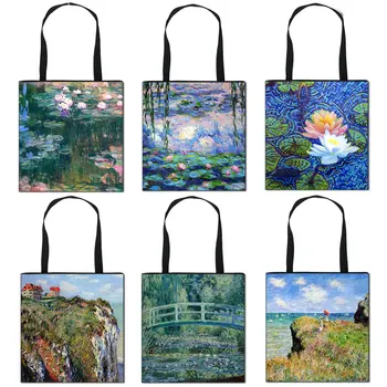 Винтажная сумка с рисунком водяной лилии/Лотоса, женская сумка Monet, холщовая дорожная сумка через плечо, портативная