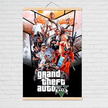 Grand Theft Auto V Видеоигра GTA 5 Печать Плаката Настенное Искусство Холст Картина для Гостиной из массива дерева подвесной свиток Домашнего Декора