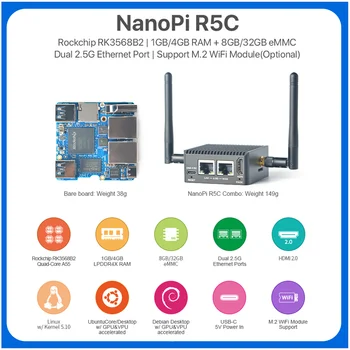 NanoPi R5C Openwrt Rockchip RK3568B2 Двойной Порт Ethernet 2,5 G с Модулем M.2 WiFi 4 ГБ LPDDR4X Поддерживает FriendlyWrt