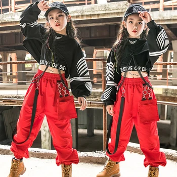 Одежда в стиле хип-хоп, джазовый танцевальный костюм для девочек, Черные топы с длинными рукавами, Красные брюки-карго, Детская одежда для выступлений в стиле хип-хоп, рейв-одежда