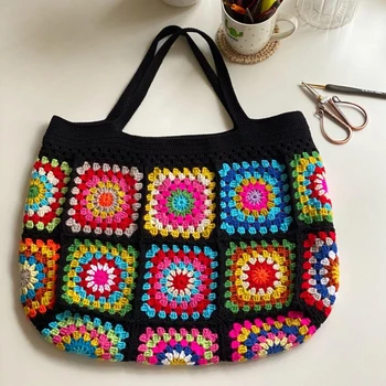 Цветы, Черная женская сумка через плечо ручной работы, вязаная крючком, Красочный кошелек, Уникальная этническая сумочка в стиле ретро в стиле бохо для летнего пляжа