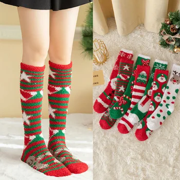 Новые рождественские носки длиной до колена из кораллового бархата, зимние утолщенные женские носки из полувысокого бархата