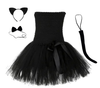 Платье-пачка для девочек с черным котом, головные уборы, хвост Животного, платья для девочек на День рождения, костюмы для Косплея на Хэллоуин для девочек