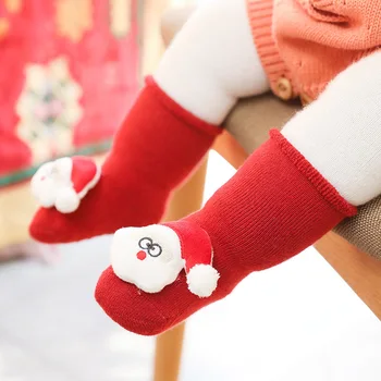 1 Пара новорожденных хлопчатобумажных Зимне-осенних детских носков для маленьких девочек и мальчиков, Детские Рождественские Санта-Клауса, махровые теплые тапочки, Детские носки