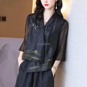Модный топ 2023, женский костюм в китайском стиле, весенний топ с дисковой пряжкой, короткое пальто в китайском стиле, блузка с коротким рукавом s351