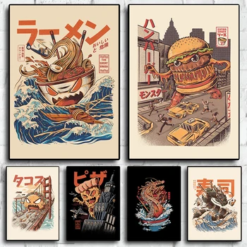 Суши, Бургер, лапша, плакат и принт, Японское ретро настенное искусство, Аниме, живопись на холсте, декоративные принты, настенная живопись, домашний декор