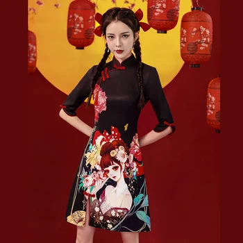 Современный Китайский Стиль, Модное Платье Чонсам, Женское Черное Модифицированное Ципао, Национальный Винтажный Халат для Восточной Девушки, Vestido Chino 2023