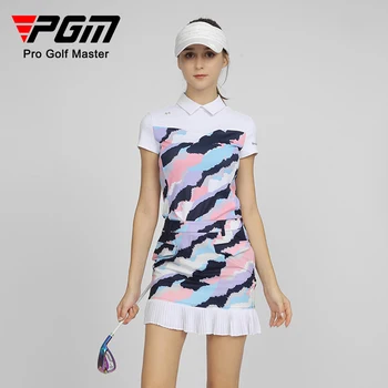 Женские рубашки для гольфа / юбка / Брюки PGM, женская футболка с отложным воротником и короткими рукавами на молнии, эластичная дышащая спортивная одежда